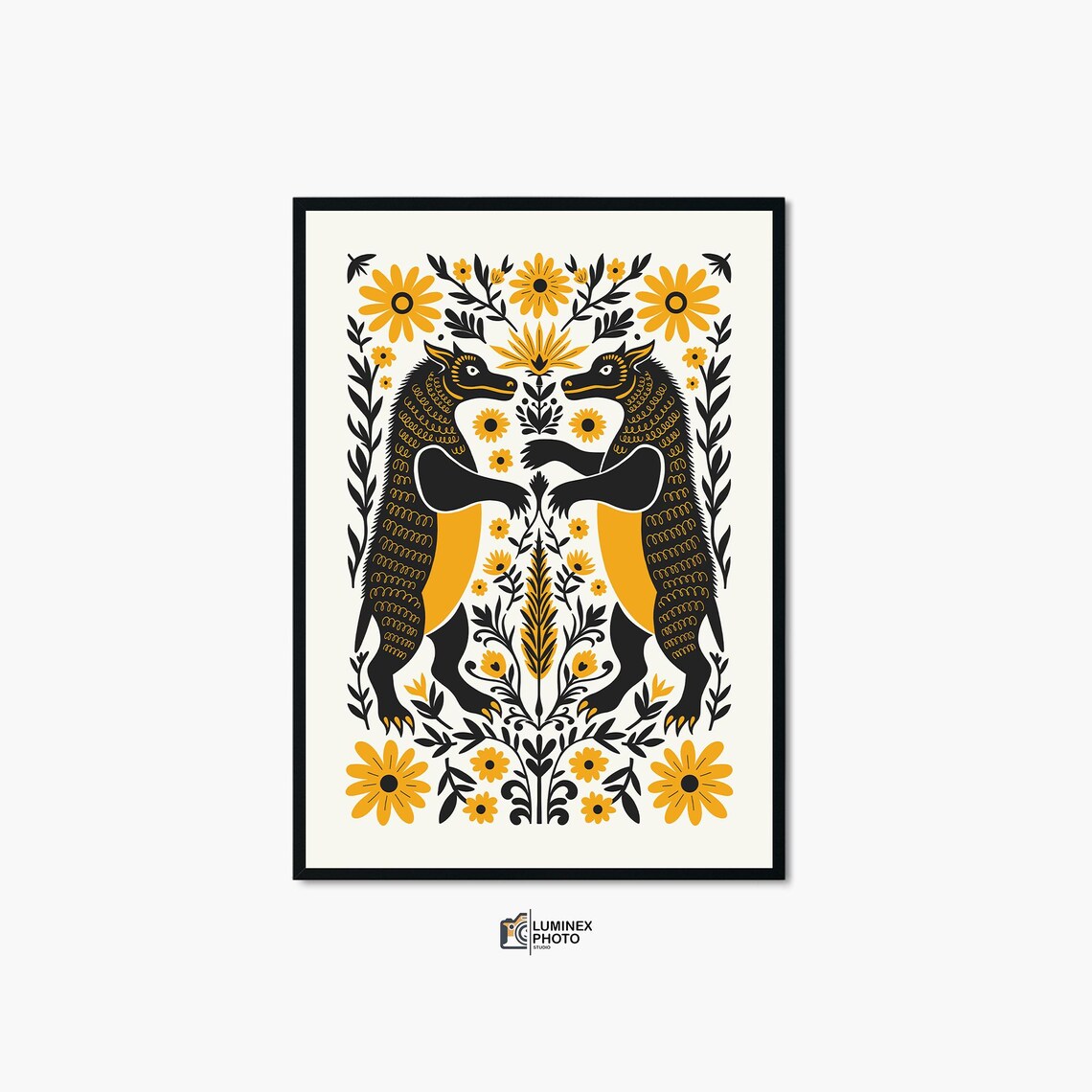 Folk Art Mirrored Wolves Yellow Floral Symmetric Animal Poster