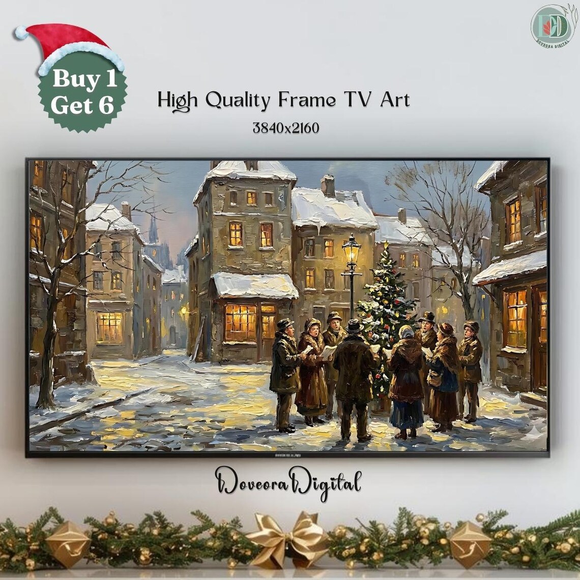 Victorian Christmas Carolers Snowy Village Town Holiday Poster