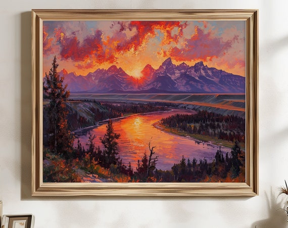 Grand Tetons Sunset Print Painting Rustic Cabin Decor Oil Mountain Wall Art Landscape