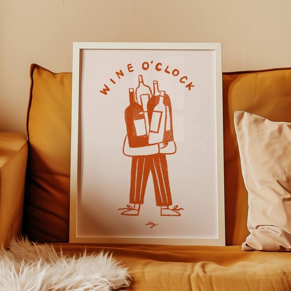 Wine OClock Funny Kitchen Quote With Person Carrying Bottles Wall Art