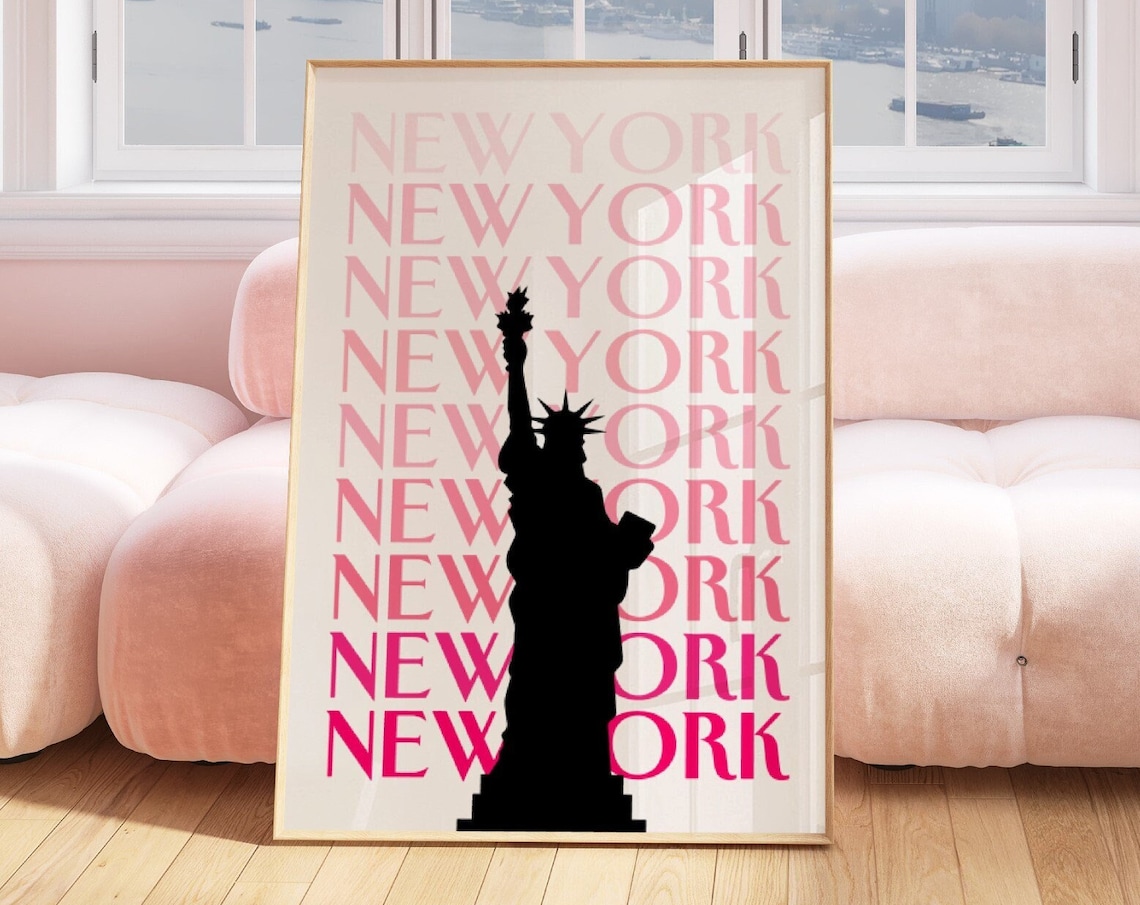 New York Pink Repeat Typography Black Statue of Liberty Gift Poster