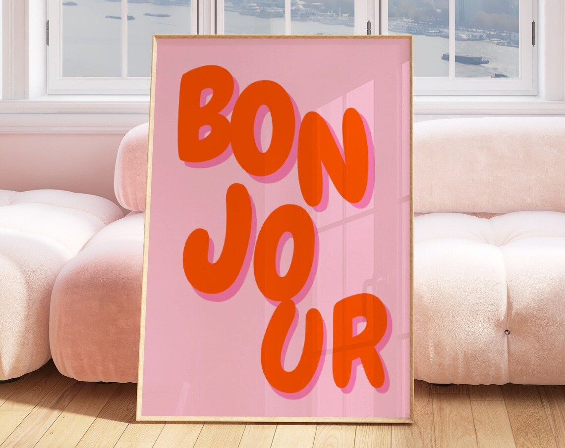 Bon Jour Pink Retro Typography Poster French Phrase Preppy Room Decor
