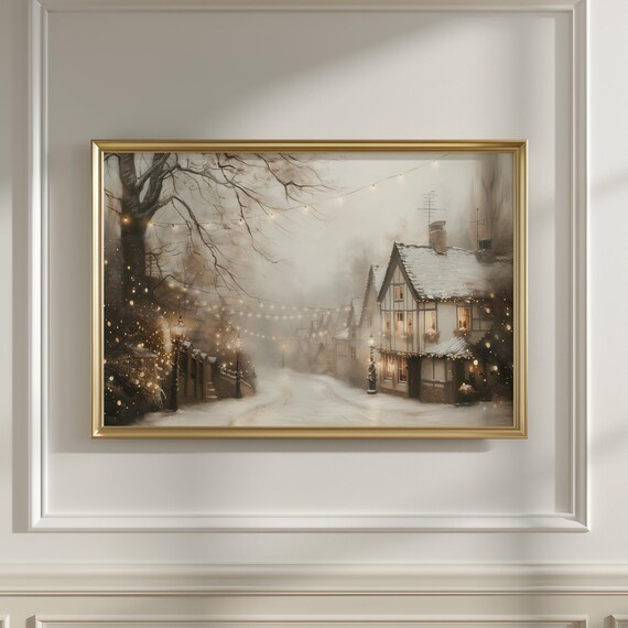 Snowy Vintage London Street Christmas Lights Winter Art Print