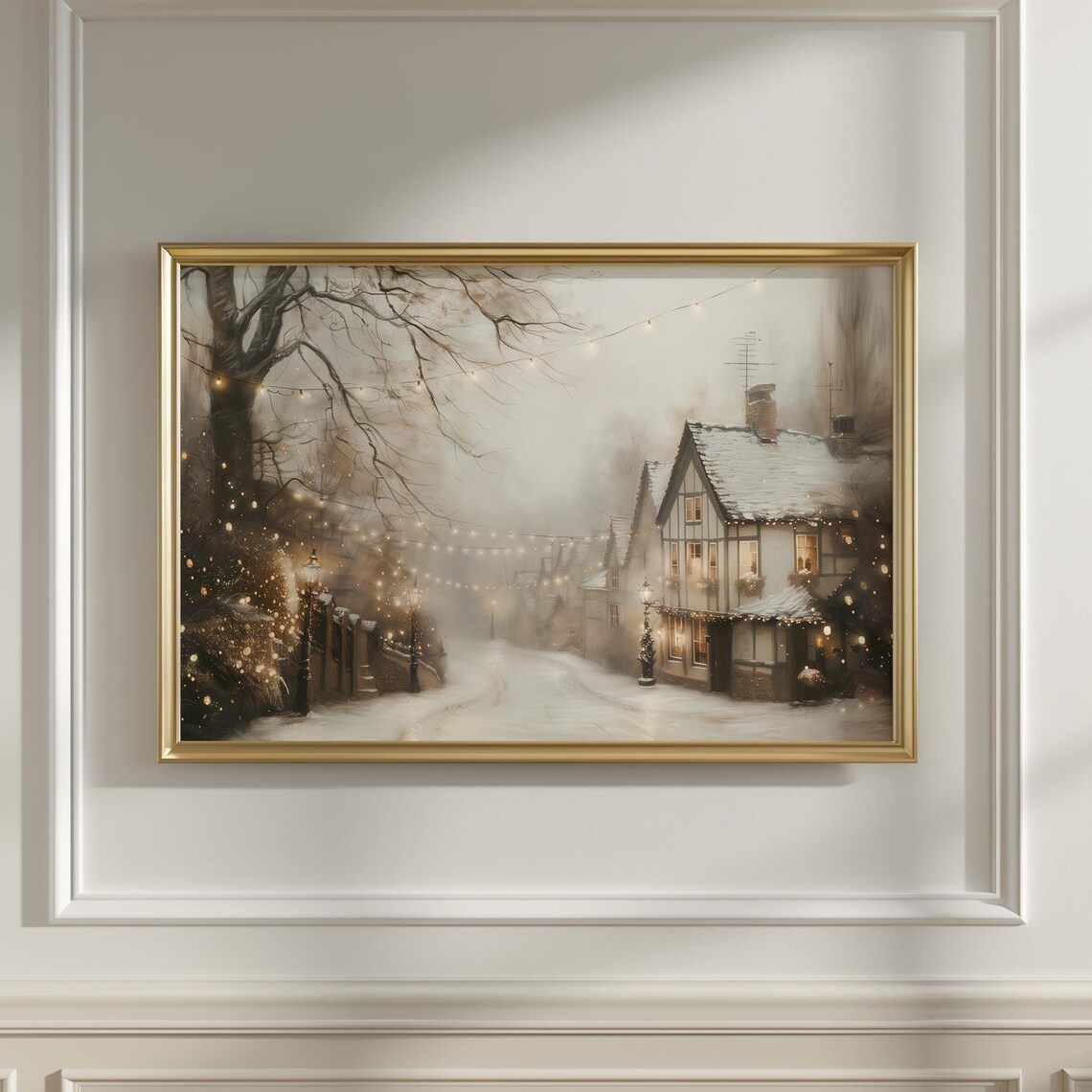 Snowy Vintage London Street Christmas Lights Winter Art Print