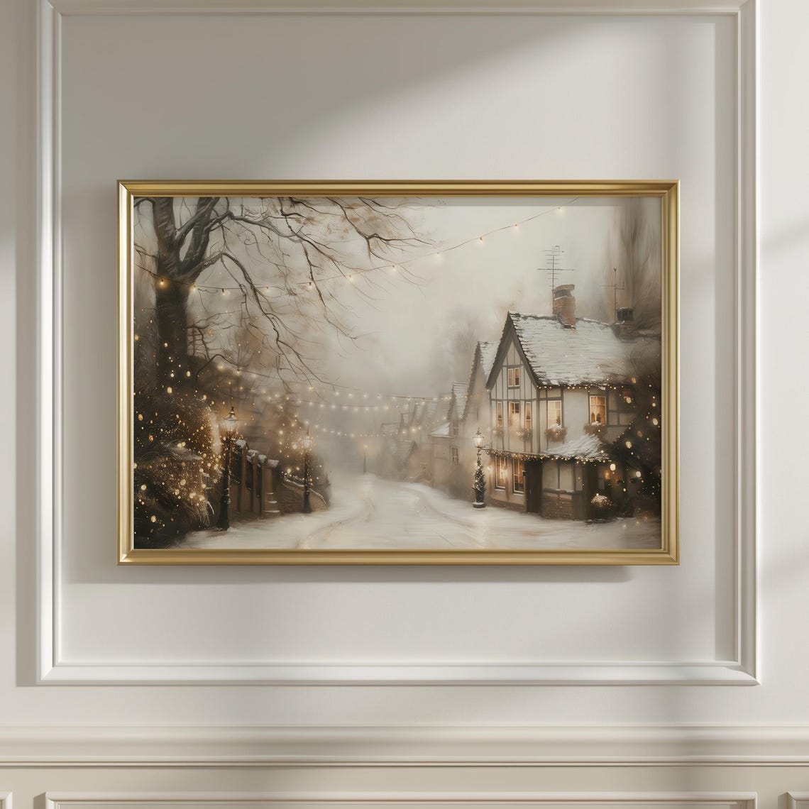 Vintage London Christmas Print England Winter Painting Traditional Holiday Decor Seasonal Art Snowy Village