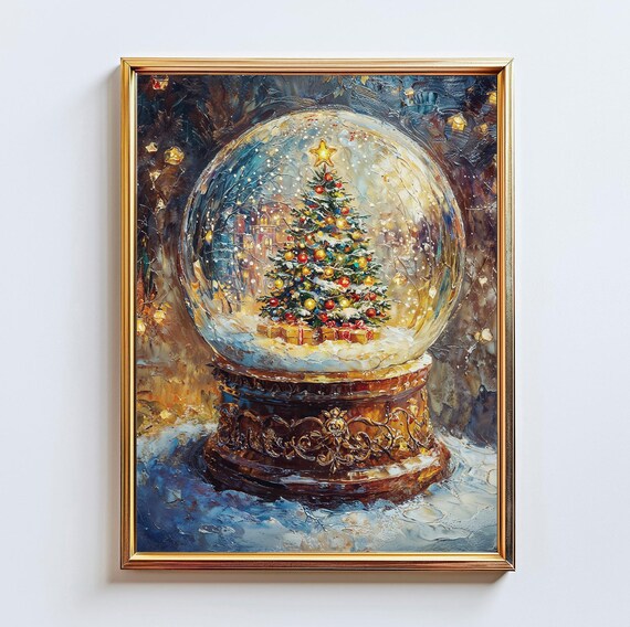 Vintage Christmas Tree Snow Globe Impasto Holiday Star Topper Art Poster