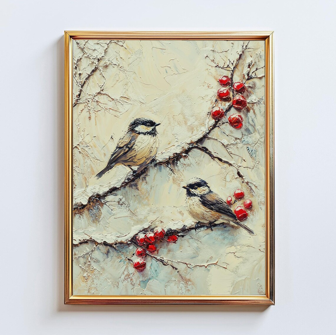 Chickadees On Snowy Berry Branch Winter Impasto Oil Painting Print
