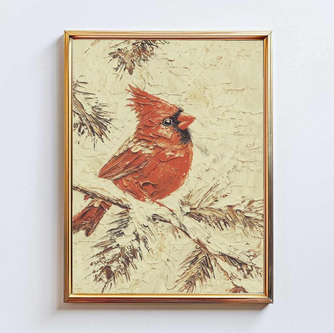 Red Cardinal Snowy Pine Branch Impasto Winter Vintage Poster