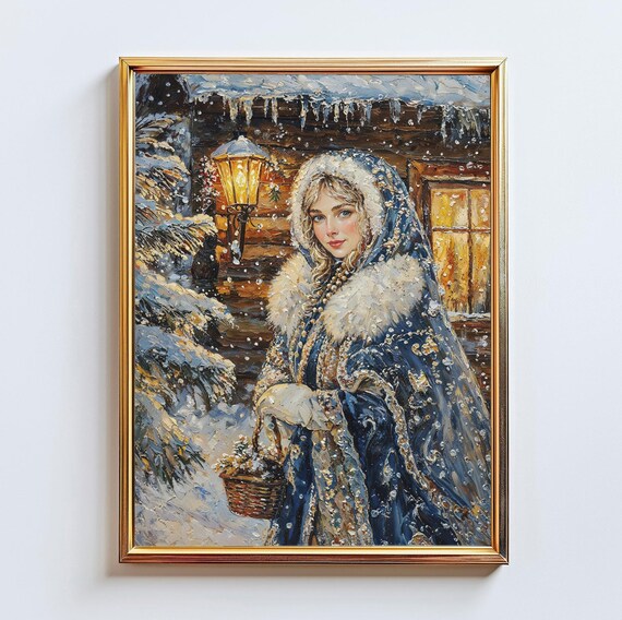 Snow Maiden Winter Oil Painting Blue Cloak Lantern Snowy Village Poster