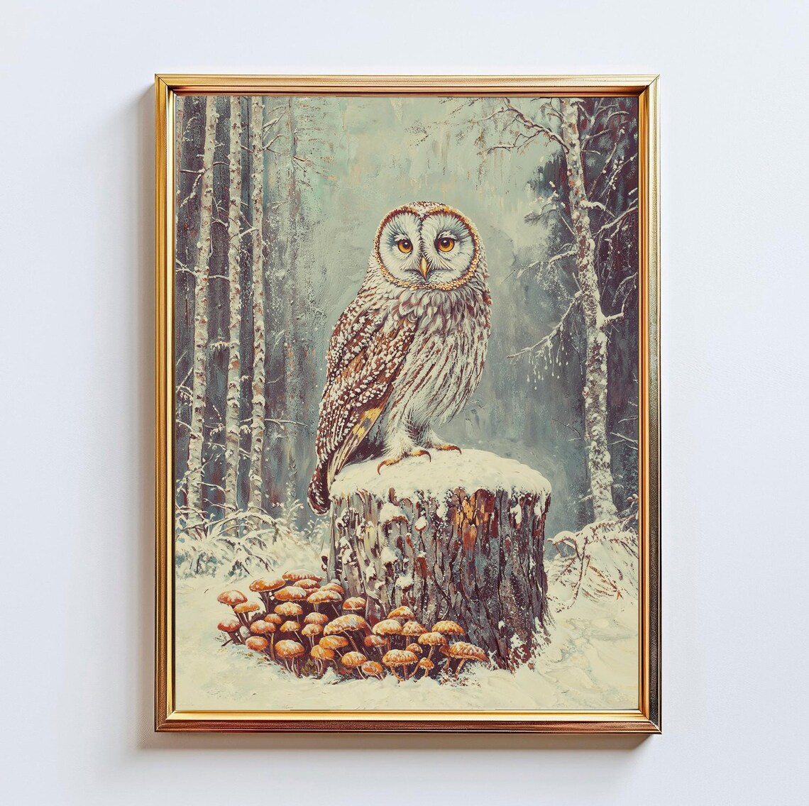 Vintage Winter Owl On Stump With Mushrooms Snowy Forest Poster