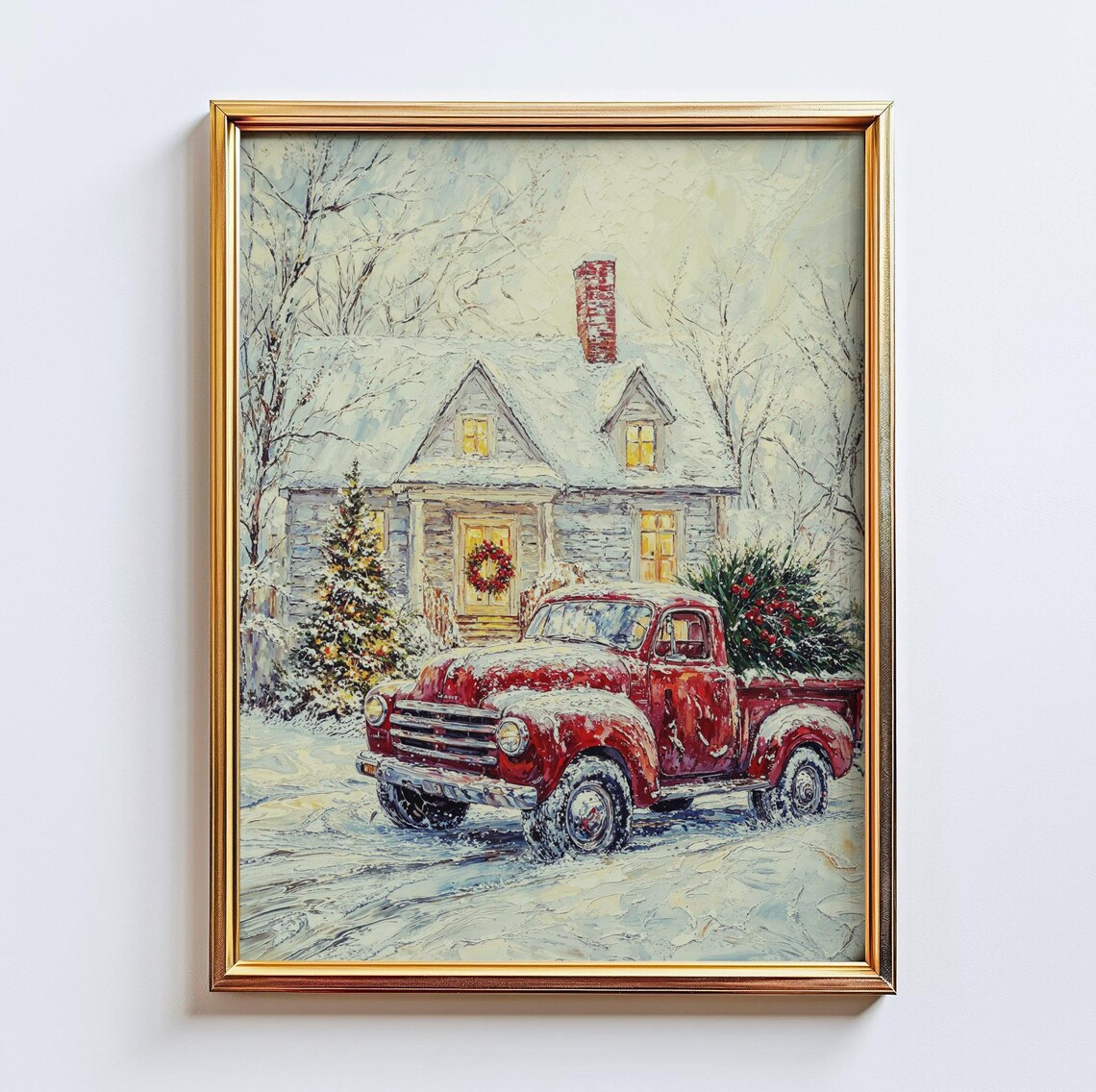 Vintage Red Truck Christmas Farmhouse Snowy Night Oil Painting Poster
