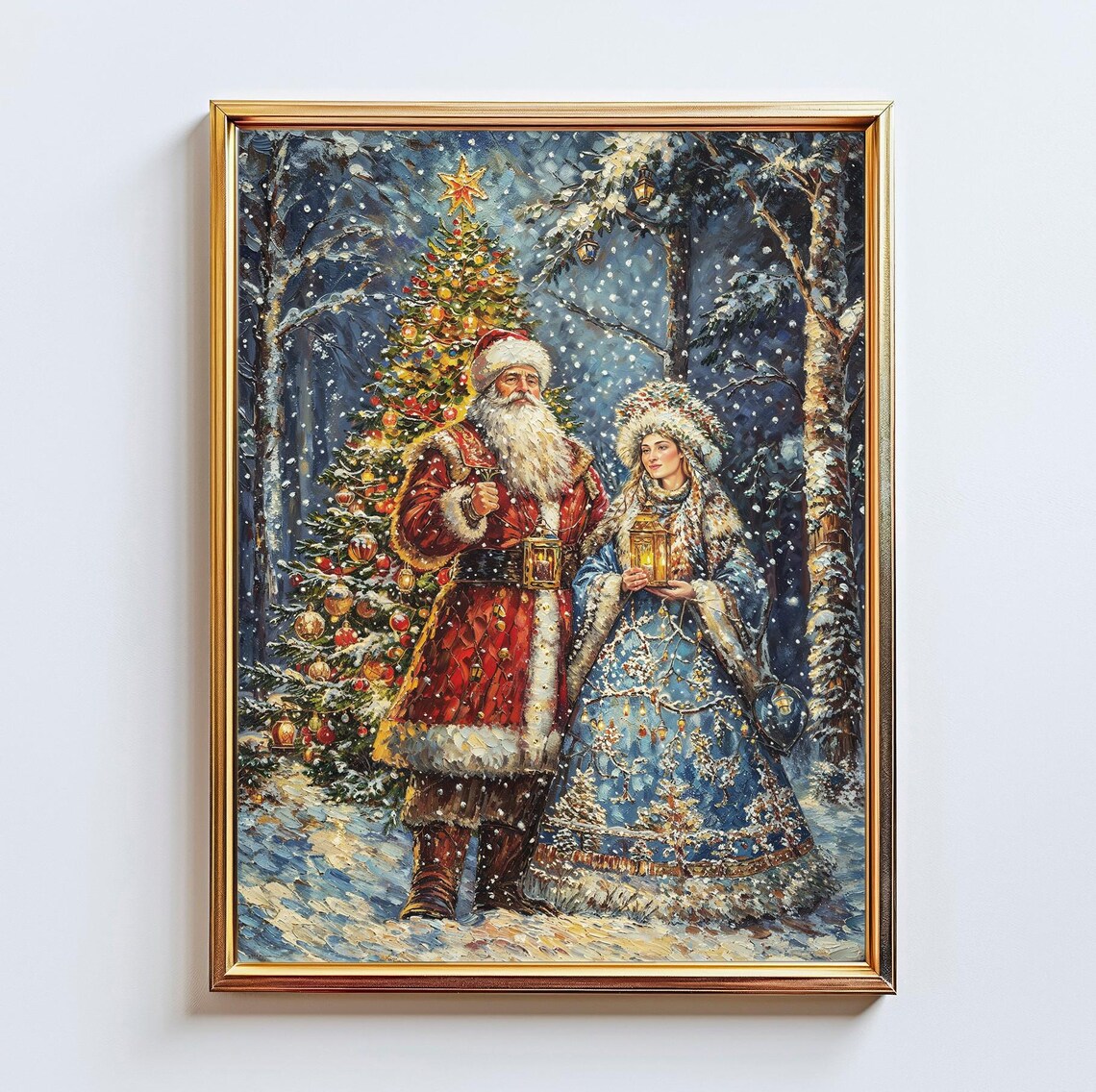 Father Frost and Snow Maiden Christmas Tree Snowy Night Art Poster