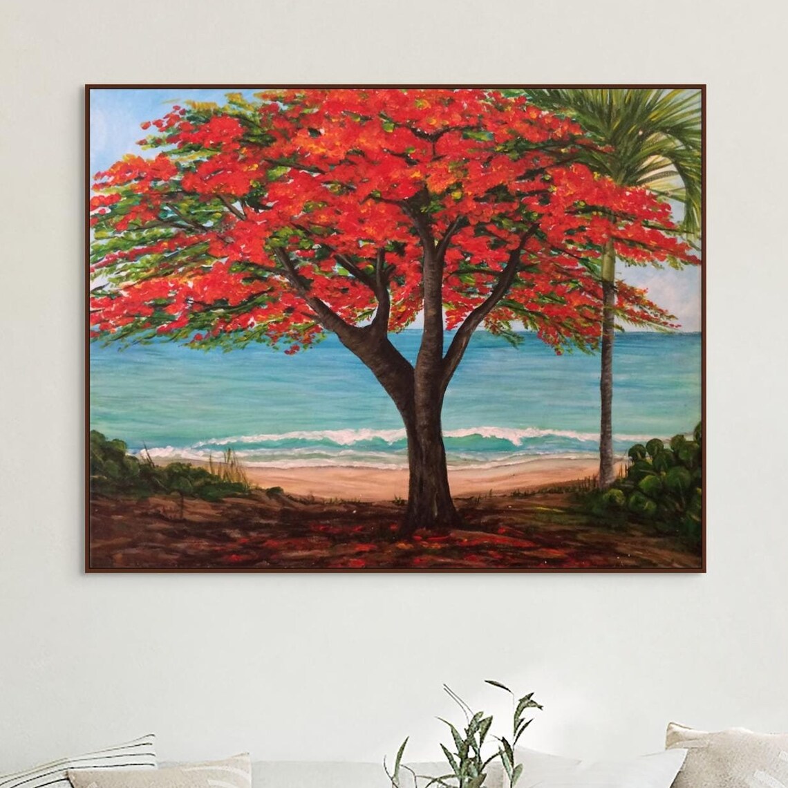 Red Flamboyant Tree Bloom Tropical Beach Ocean Scene Travel Poster - Image 2
