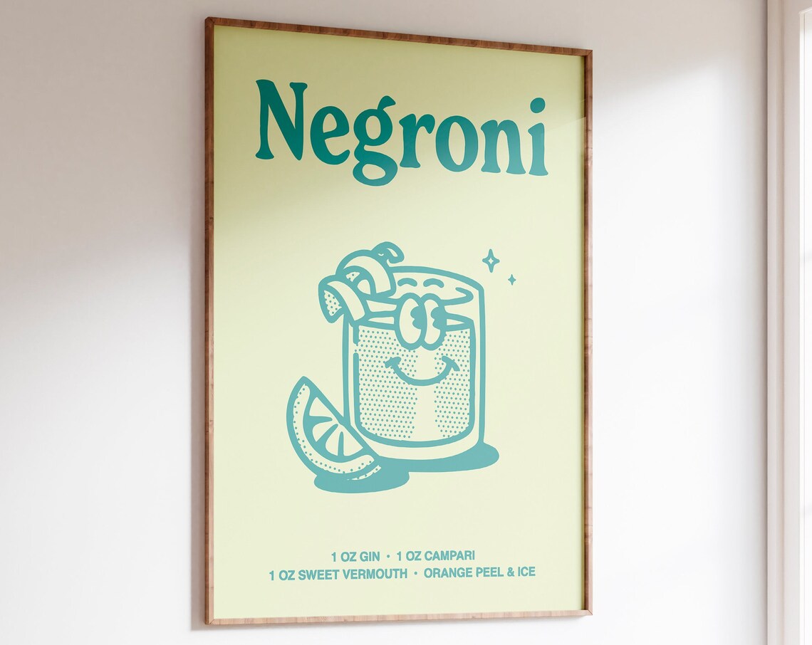 Negroni Classic Retro Cocktail Recipe Teal Bar Cart Art Print