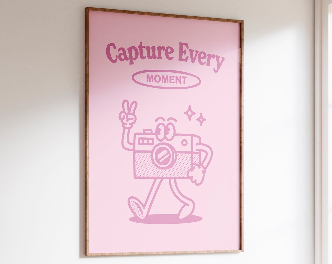 Capture Every Moment Pink Camera Mascot Retro Photography Wall Art