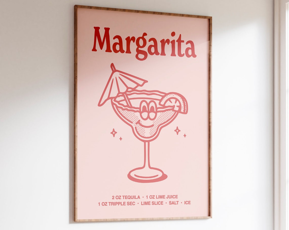 Margarita Cocktail Recipe Cute Pink Retro Bar Cart Kitchen Poster - Image 6