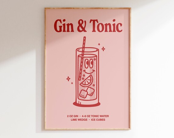 Gin And Tonic Recipe Retro Pink Cocktail Illustration Bar Cart Print