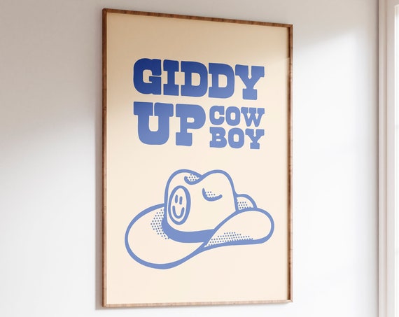 Retro Cowboy Hat Poster Vintage Western Wall Art Wild West Print Giddy Up Cowboy Print Retro Wall Art Blue Retro Art Instant