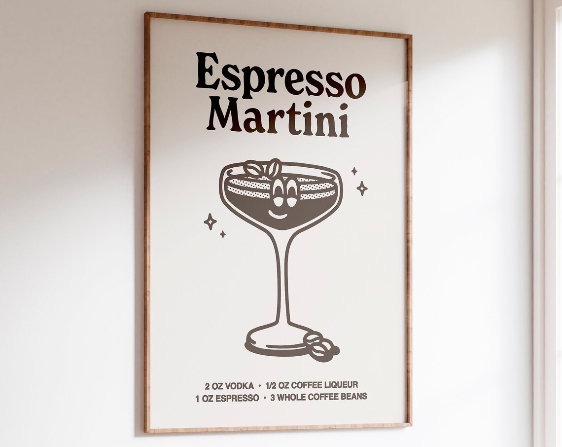 Espresso Martini Cocktail Recipe Brown Line Art Bar Cart Poster