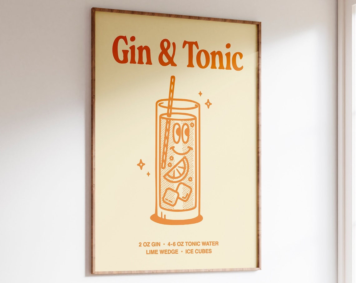 Gin and Tonic Classic Retro Cocktail Recipe Orange Bar Art Print
