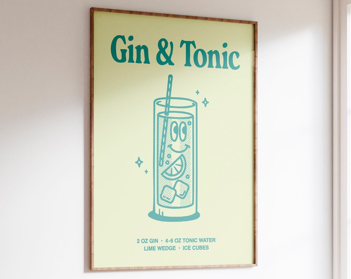 Gin and Tonic Cocktail Recipe Retro Teal Bar Cart Kitchen Wall Art - Image 6