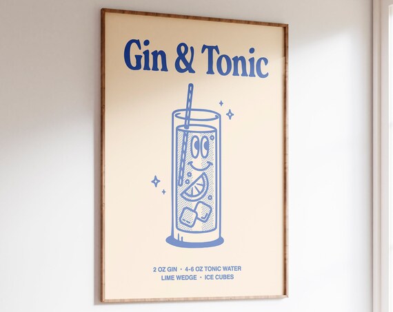 Gin And Tonic Cocktail Print Trendy Cocktail Poster Home Bar Cart Decor Cute Retro Drink Wall Art Spirits Retro Poster Retro Wall Art