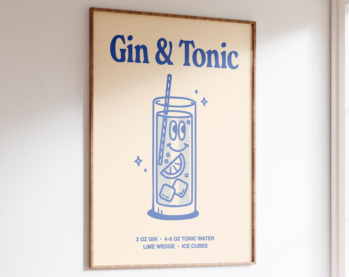 Gin and Tonic Cocktail Recipe Blue Retro Line Art Bar Cart Poster