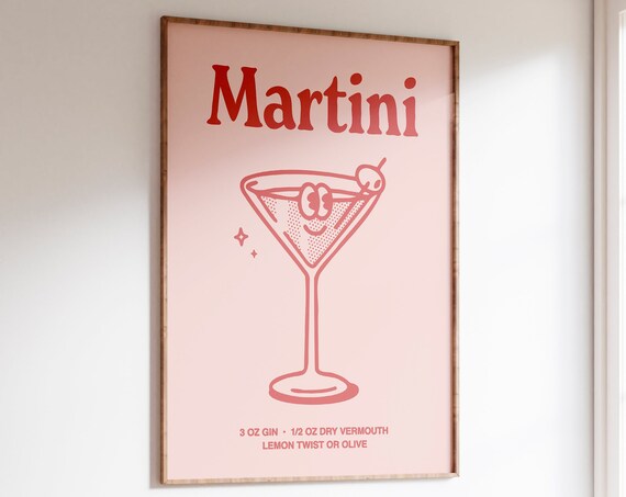 Martini Cocktail Recipe Smiling Glass Retro Pink Bar Cart Poster