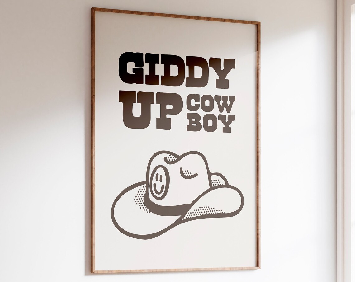 Giddy Up Cowboy Brown Smiling Cowboy Hat Retro Western Quote Poster