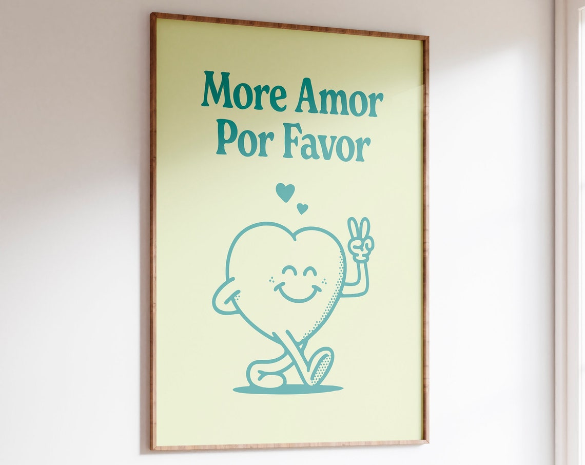More Amor Por Favor Smiling Heart Character Retro Quote Wall Art