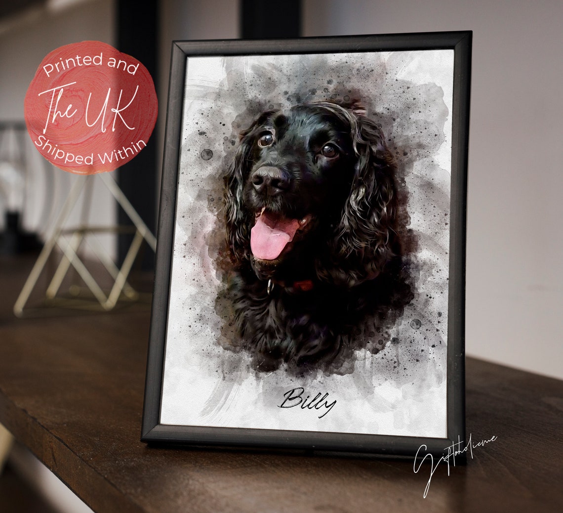 Watercolor Black Cocker Spaniel Dog Portrait Pet Name Poster