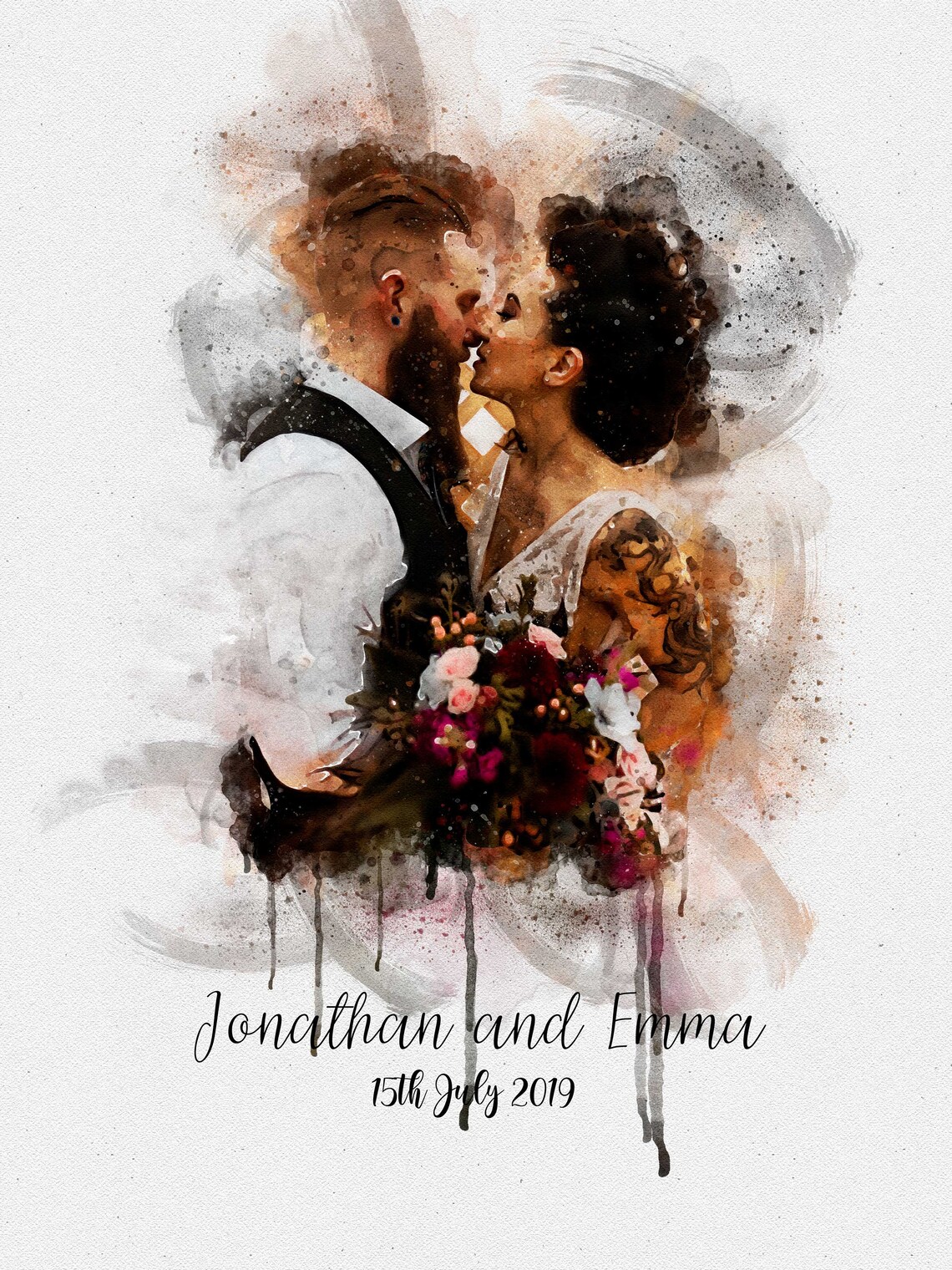 Romantic Couple Embracing Watercolor Portrait Warm Amber Tones Poster - Image 4