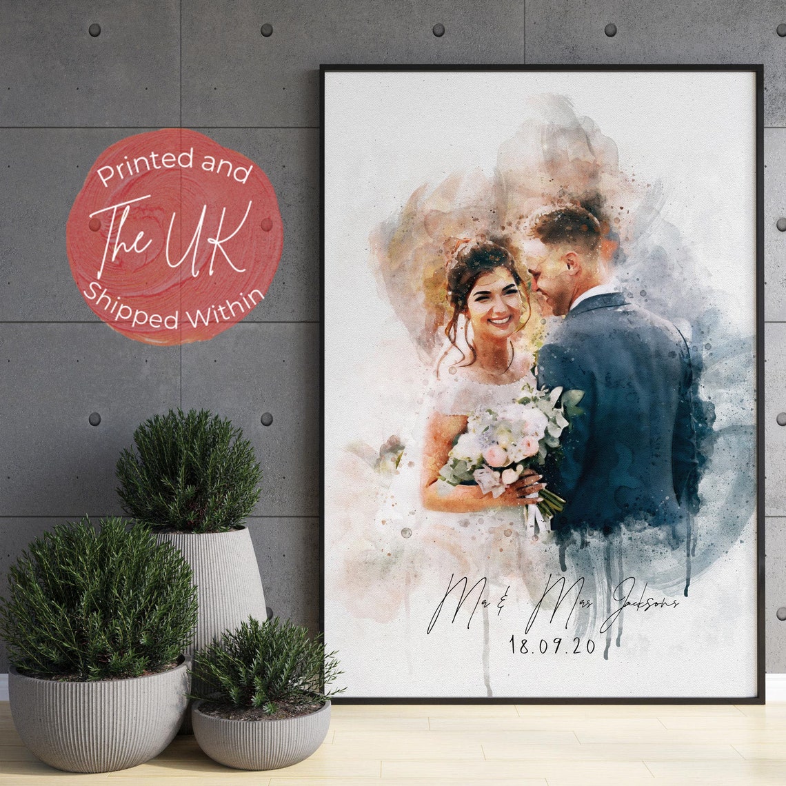 Personalized Wedding Watercolor Couple Portrait Print - Image 3