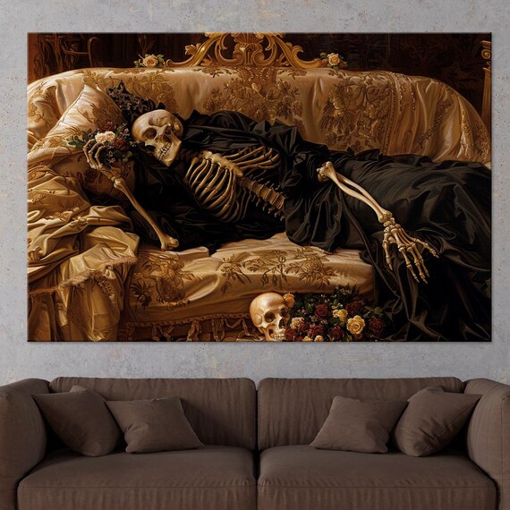Sleeping Skeleton On Ornate Victorian Couch Black Satin Gothic Print