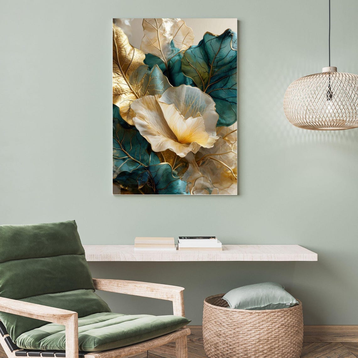 Elegant Teal and Gold Botanical Leaves Abstract Home Decor Poster