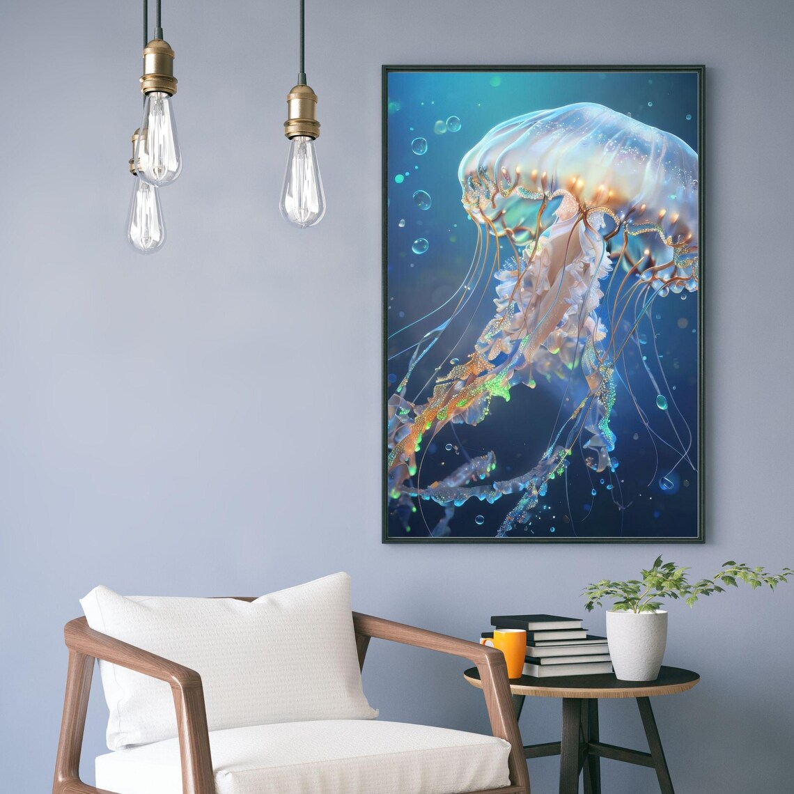 Ethereal Glowing Jellyfish Art Deep Blue Ocean Bioluminescent Poster