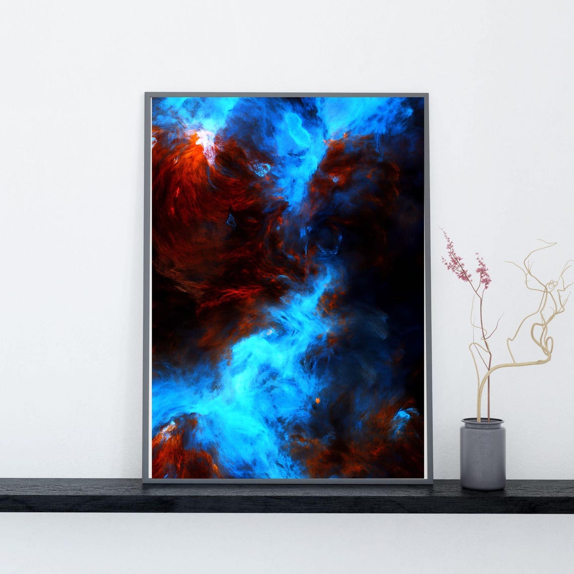 Bold Fiery Blue Orange Abstract Nebula Fluid Ink Painting Poster