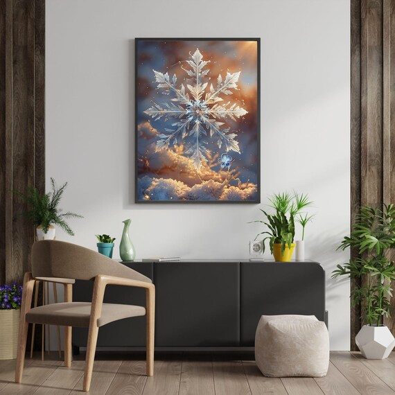 Giant Snowflake Winter Sky Amber Blue Macro Photography Poster