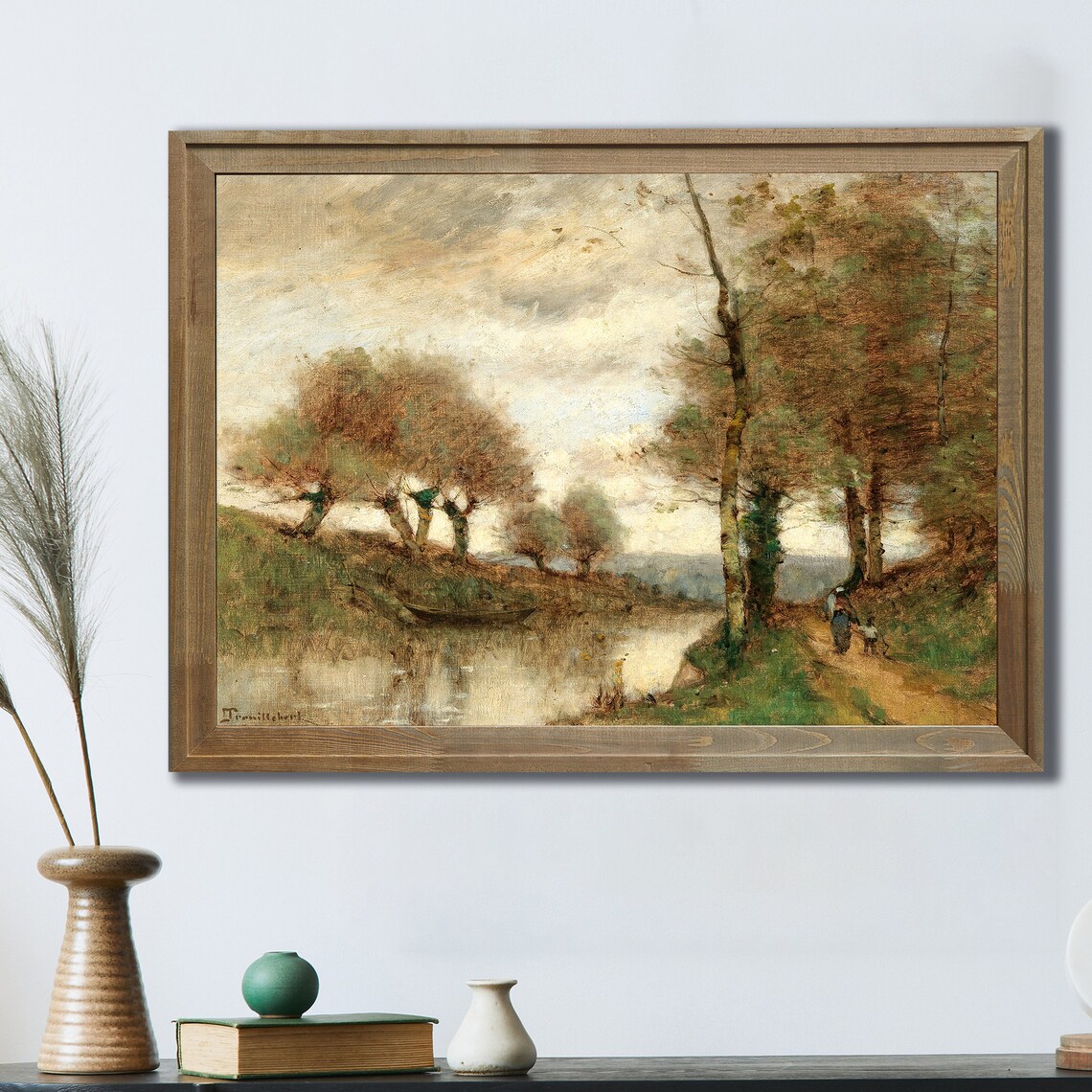 Vintage Oil Painting Autumn Riverbank Pollarded Trees Boat Art Poster - Image 4