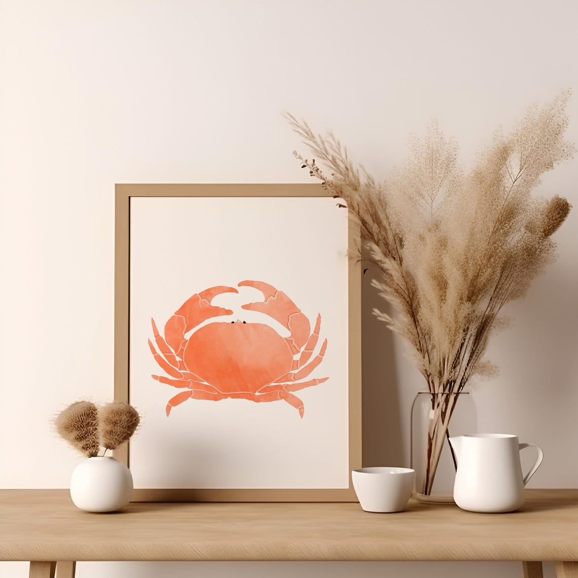 Coral Crab Watercolor Illustration Minimalist Cream Background Poster