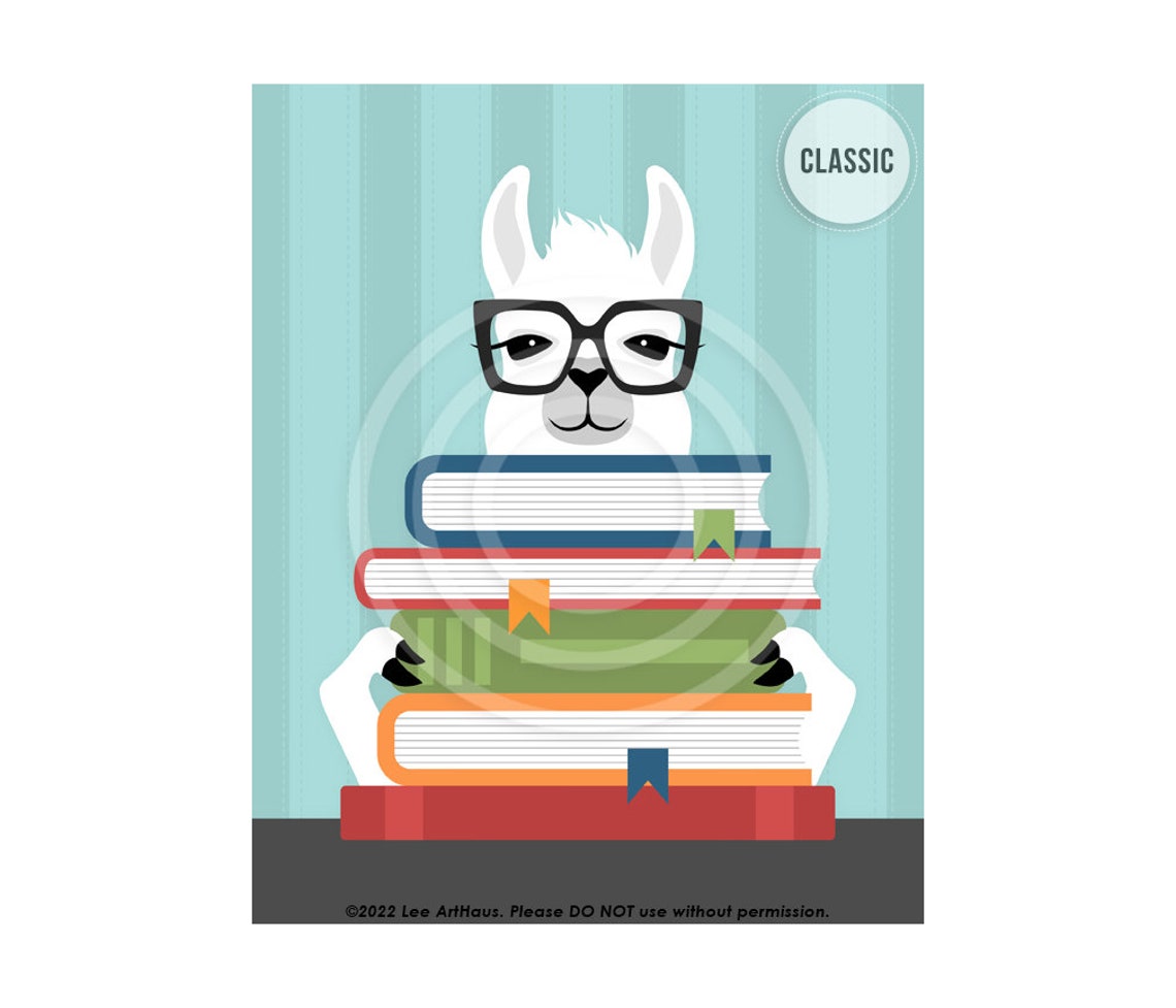 White Llama With Glasses Reading Stack Of Books Cartoon Art Poster