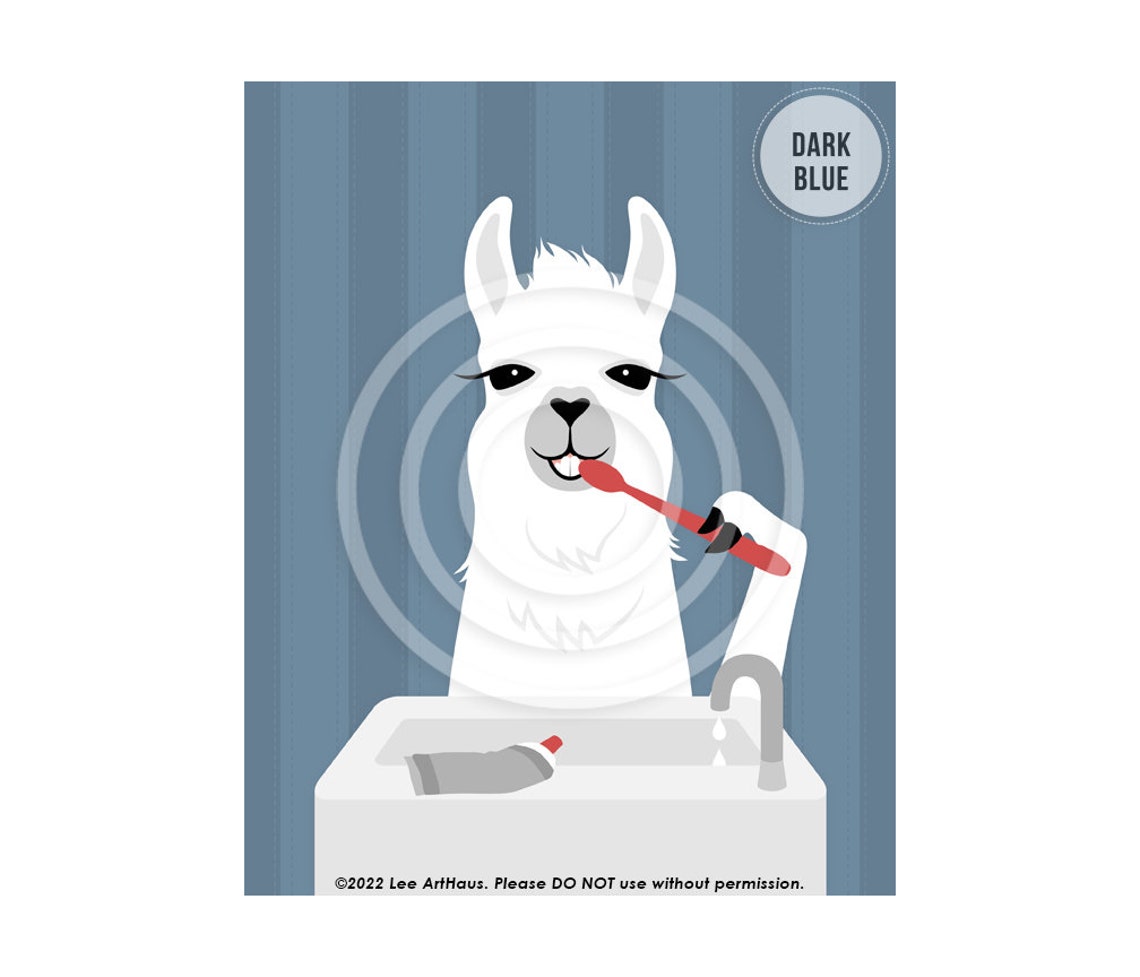 White Llama Brushing Teeth With Red Toothbrush Funny Animal Poster