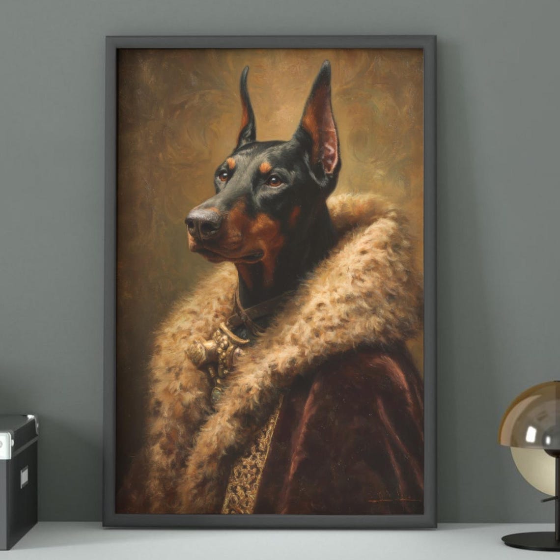 Majestic Doberman in Fur Trimmed Royal Cloak Portrait Poster