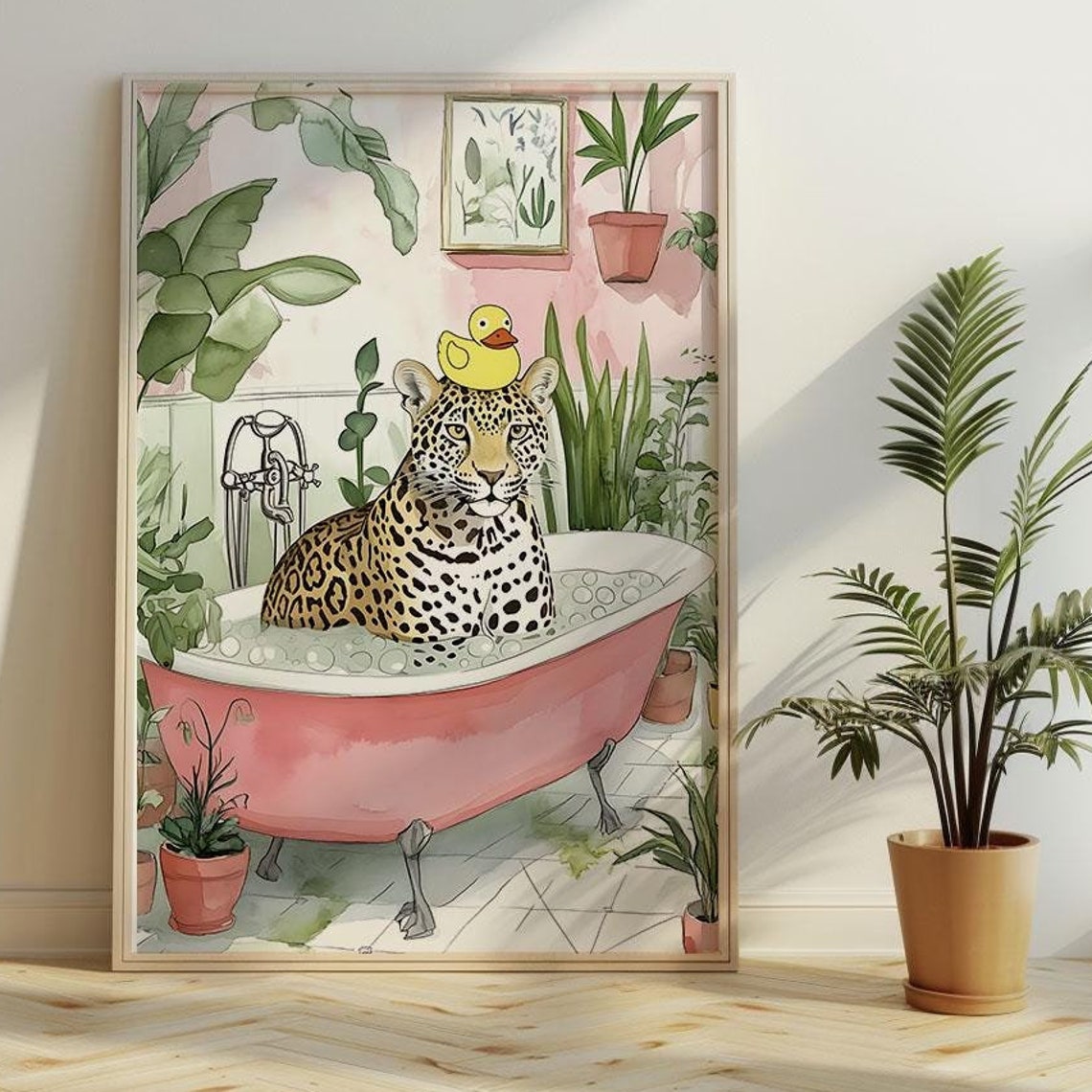 Leopard Relaxing In Pink Bathtub With Rubber Duck Watercolor Poster