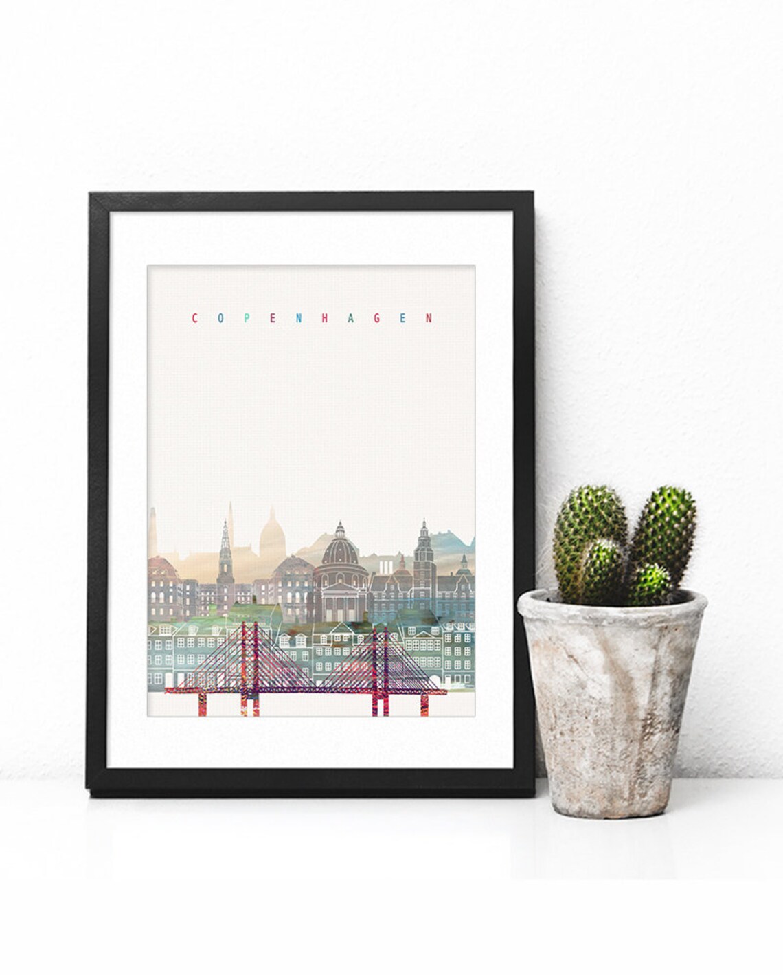 Copenhagen Denmark Watercolor Skyline Nyhavn Bridge Pastel Poster - Image 2