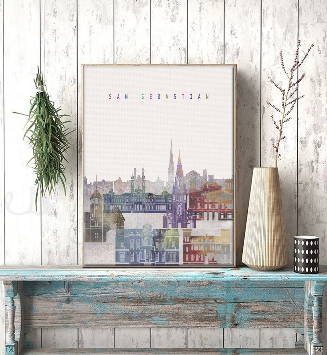 San Sebastian Spain Cathedral Watercolor Skyline Art Modern Home Decor Poster