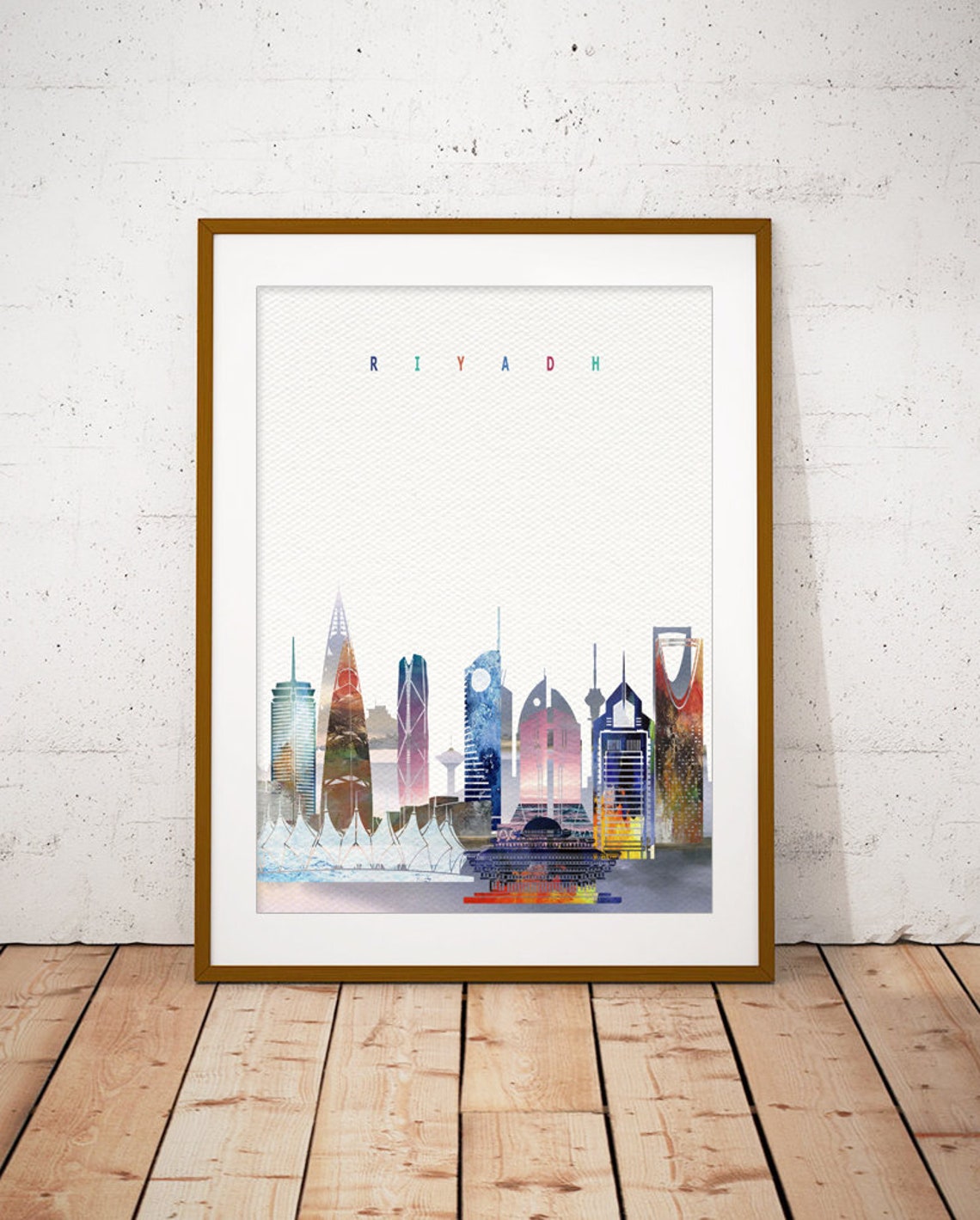 Riyadh Saudi Arabia Colorful Watercolor Tower Skyline Art Poster