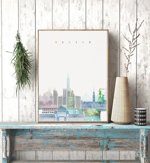 Warsaw Poland Watercolor Skyline Mermaid Landmarks Cityscape Poster
