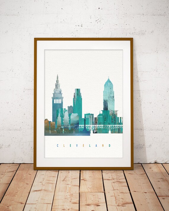 Cleveland Teal Watercolor City Skyline Modern Home Decor Poster