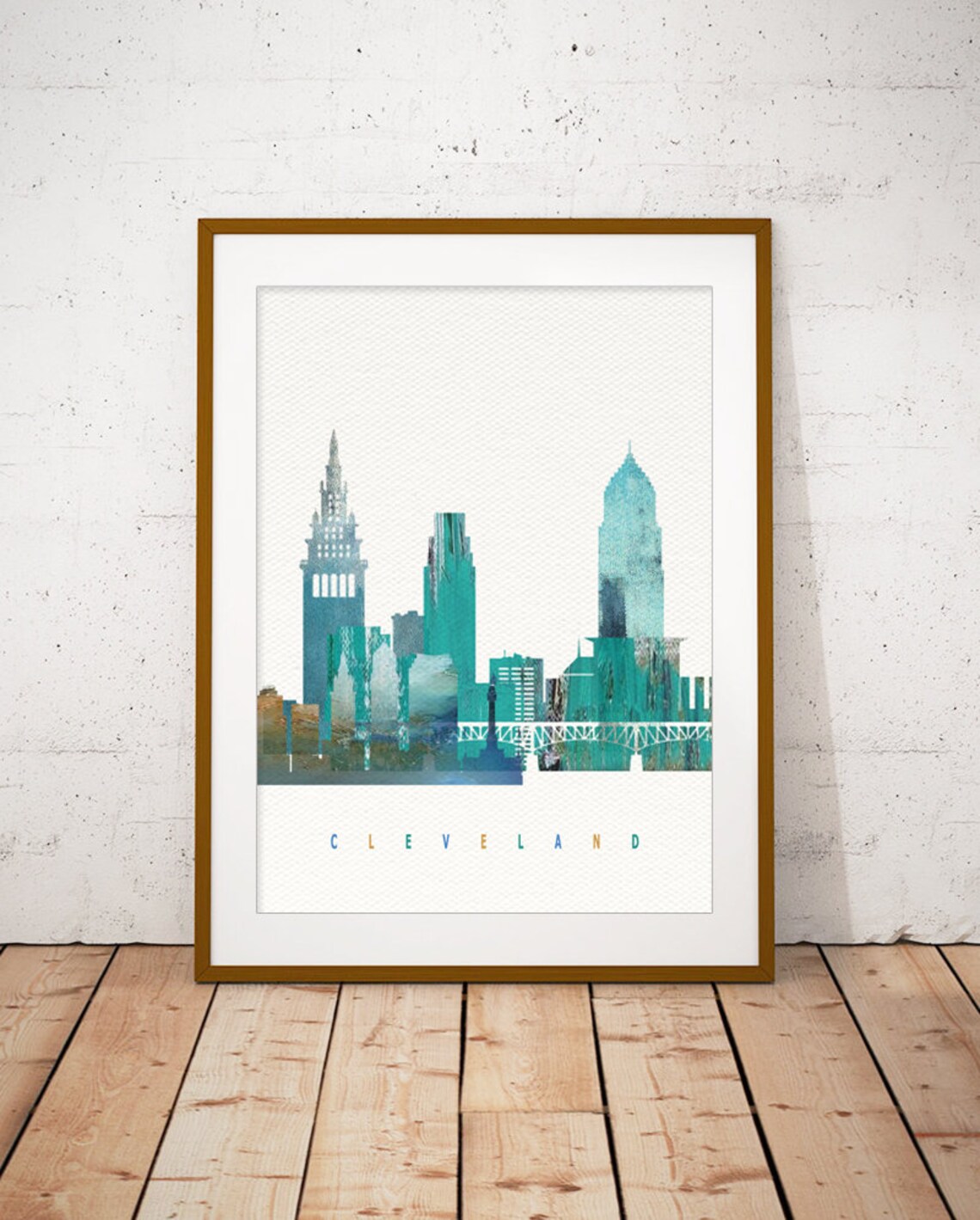Cleveland Teal Watercolor City Skyline Modern Home Decor Poster